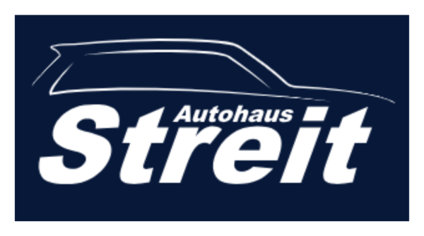 Logo vom Autohaus Streit: weißer Schriftzug mit Fahrzeugkontur auf dunkelblauem Grund