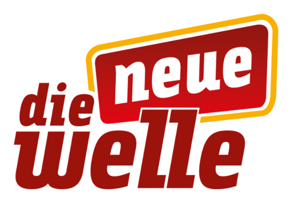 Logo des Radiosenders die neue welle: roter Schriftzug mit gelb umrandetem Kasten