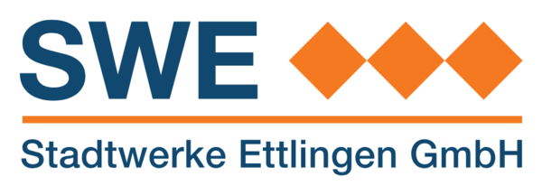 Logo der Stadtwerke Ettlingen GmbH: blaues SWE-Kürzel mit drei orangen Rauten